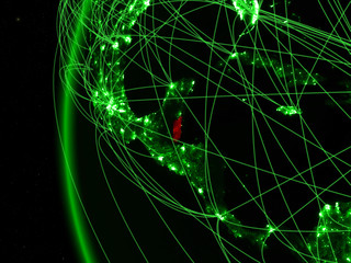Belize from space on green model of Earth with international networks. Concept of green communication or travel.