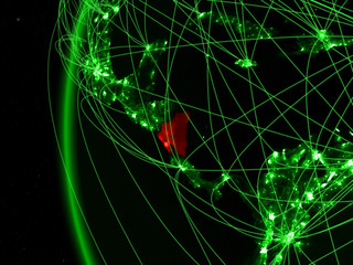Nicaragua from space on green model of Earth with international networks. Concept of green communication or travel.