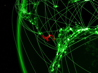 Panama from space on green model of Earth with international networks. Concept of green communication or travel.