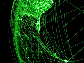 Bahamas from space on green model of Earth with international networks. Concept of green communication or travel.