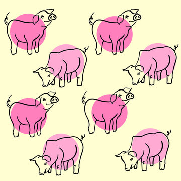 Seamless pattern illustration with hand drawn cute pigs