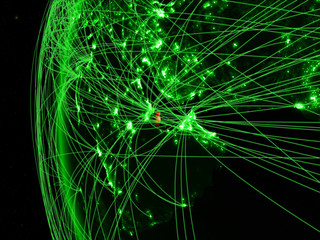 Qatar from space on green model of Earth with international networks. Concept of green communication or travel.