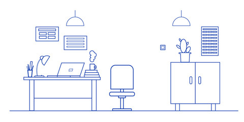 Vector illustration office interior, office decor: Desk, computer, laptop, Desk lamp, wardrobe.