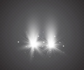 Realistic white glow of round beams of car headlights, isolated against a background of transparent gloom. Vector bright train lights for your design. Easy light flash .Vector illustration.