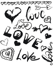 Vector typography text LOVE in different ways. Letters Love made on black color on the white background. Dry brush or chalk style