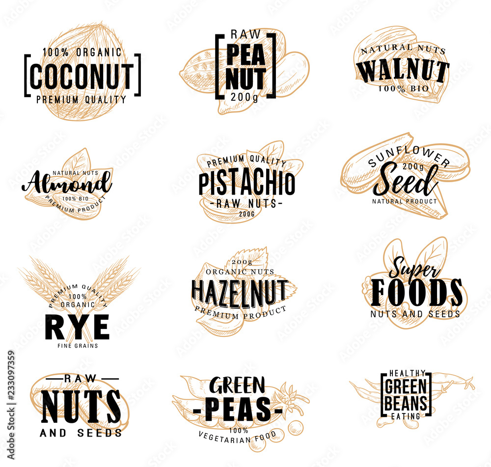 Wall mural Nuts and fruit seeds vector sketch lettering - Wall murals