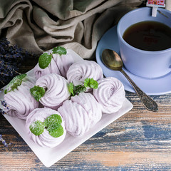 Handmade Delicious marshmallows with lavender flavor. Close-up