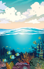 Obraz na płótnie Canvas Underwater sea - coral reef, fish and sky.