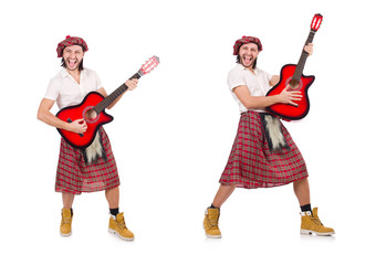 Scotsman playing guitar isolated on white