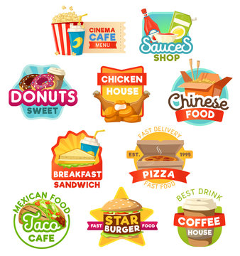 Fast food, sweets and drinks vector icons