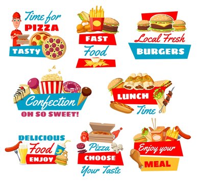 Fast food icons with street meals, vector