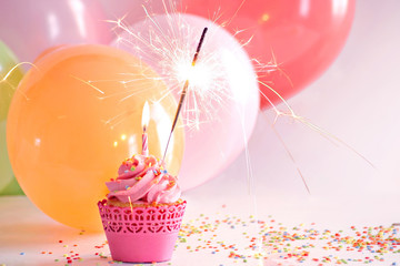 Birthday cupcake with candle and sparkler. - 
Selective  focus