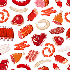 Butcher meat and sausages seamless pattern