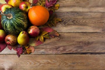 Fallc background with green pumpkin and onion squash