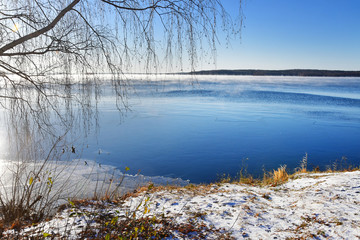Natural monument - lake Uvildy in late autumn in clear weather, Chelyabinsk region. Russia