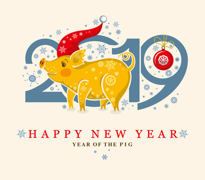 Cute card with a funny Pig in the Santa Cap and snowflakes. New Year's design. 2019 Year of the pig in the Chinese calendar.