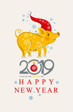 Cute Christmas card with a funny Pig in the Santa Cap and snowflakes. New Year's design. 2019 Year of the pig in the Chinese calendar.
