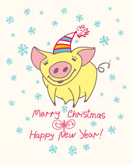 Cute greeting card with a pretty yellow pig. Merry Christmas & Happy New Year! Christmas decor Snowflakes. Vector New Year's design.