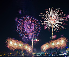 colorful fireworks on the black sky background with free space for text. Celebration and anniversary concept