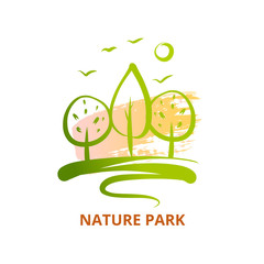 Nature national park with bird and sun. Template logo with silhouette tree. Symbol logotype, badge isolated green forest. Concept image for camping, outdoor activity and park recreation