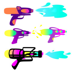 Set of colorful toy gun with water drop and splash on white background. Template design poster, banner, flyer for summer game, feature attraction, fun hobby. Vector illustration