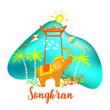 Songkran festival. Silhouette elephant with water drop, palm tree, sky kite and sun