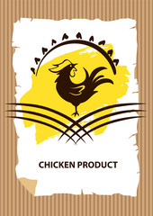 Design poster, card, flyer, banner, web, app. Vector silhouette rooster. Farmer bird chicken. Concept logo for fresh, natural product in farm market, grocery, meat shop, butcher store. Illustration