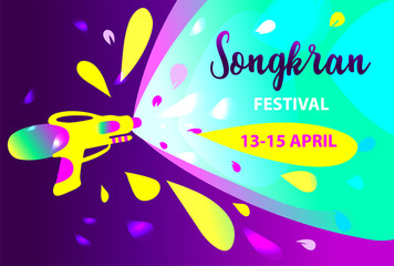Spring Songkran festival with water gun and splash. Happy party in Thailand. Template banner poster, flyer with text Songkran Festival. Concept for travel agency, company, bureau. Vector illustration