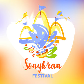 Happy party in Thailand. Template banner poster, flyer with text Songkran Festival. Spring Songkran festival with temple, bowl water, kite and flag. Vector illustration