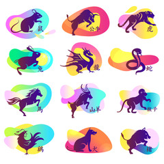 Set of twelve lunar zodiac horoscope sign. Concept chinese happy new year. Silhouette animal sketch on color plastic shape background. English translate chinese hieroglyph is name of animal