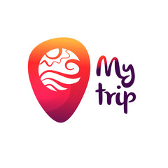 Template logo for travel agency. Text my trip.  Concept near me. Geolocation pin with badge inside. Point map check location in navigation. Vector illustration