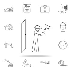 fireman breaks the door with an ax icon. Fireman icons universal set for web and mobile
