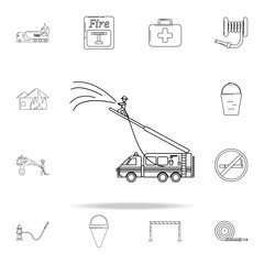 firefighter extinguishes from the ladder of the fire engine icon. Fireman icons universal set for web and mobile