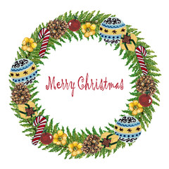 Wreath frame Ball yellow flower candy cane cherries gift box pine cones  watercolor Autumn season elements