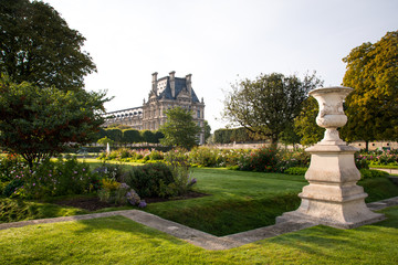 View of the Louvre museum from the Tuileries gardens in Paris, France