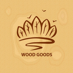 Wood goods logo. Silhouette tree park on texture background. Vec