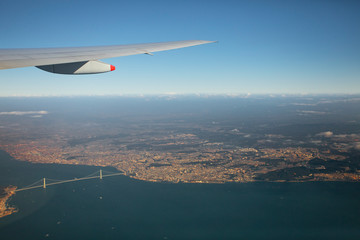 aerial view from plane window over Akashi-Kaikyo Bridge crossing osaka bay japan