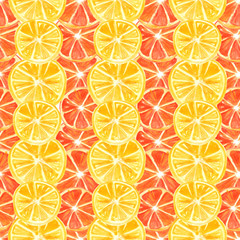 Watercolor painting, vintage seamless pattern - tropical fruits, citrus, slices of lemon, orange, grapefruit. Citrus marmalade, slices. Yellow, orange, red. Fashionable stylish art background.