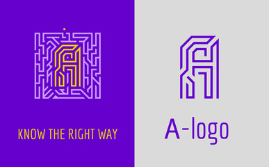 A letter logo maze. Creative logo for corporate identity of company: letter A. The logo symbolizes labyrinth, choice of right path, solutions. 