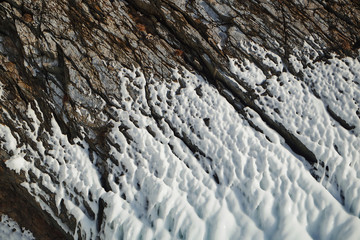 Icу on the rocks. Lake Baikal is a frosty winter day.