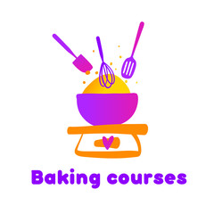 Baking course logo with dish and kitchenware isolated on white b