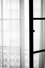 Artistic image of window with transparent curtains in monochrome - interior of Paris apartment