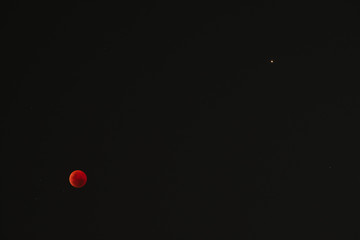 Blood moon and Mars during total lunar eclipse, as viewed from Marginal de Luanda, Angola