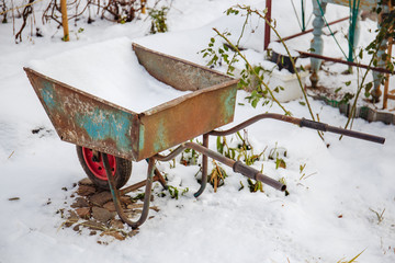 Single wheel wheelbarrow covered by fisrt snow. Agriculture concept