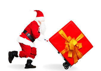 Happy running Santa Claus with  shopping cart trolley