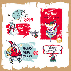 Set element design for invitation greeting banner, postcard, sale, winter party event. Pig, Boar symbol of the 2019 Chinese Happy new year. Comic, cartoon style silhouette santa claus, snowman, bell
