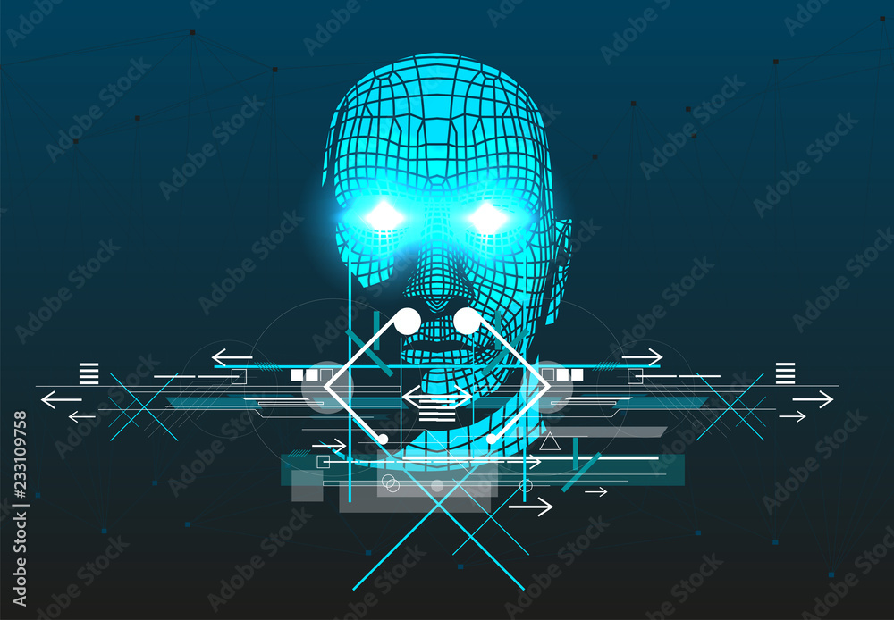 Poster trendy art, modern face art with lines and arrows. the poster with 3d man head. abstract geometric b