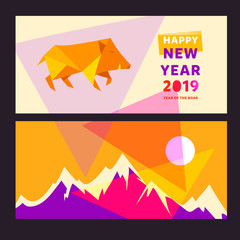 Invitation greeting banner, postcard, sale, winter party event. Earth Boar symbol of Chinese New Year 2019. Template logo, sign with Pig. Concept low poly image with mountain with snow peak, sun