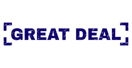 GREAT DEAL label seal print with grunge texture. Text caption is placed inside corners. Blue vector rubber print of GREAT DEAL with dirty texture.