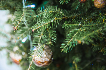 Defocused of bauble hanging on the Christmas tree with other toys.